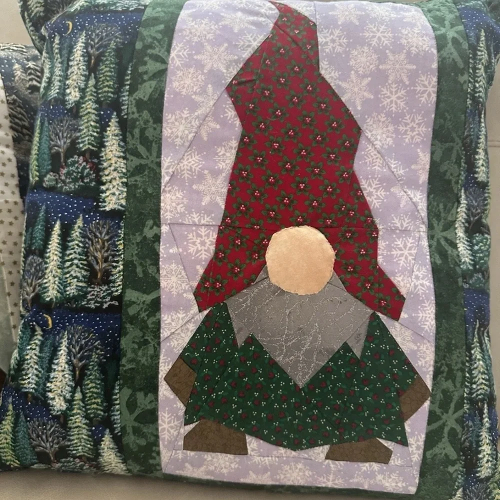 Festive Gnome Throw Pillow Set - Red and Green Handmade 15” x 15”
